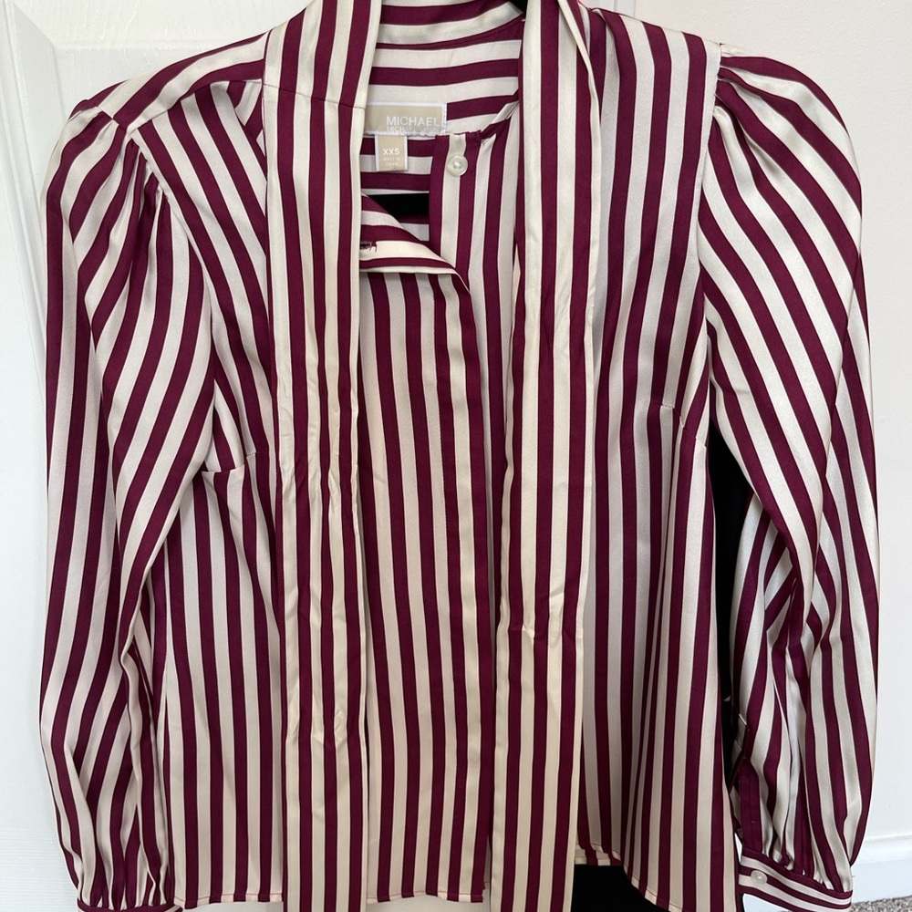 MICHAEL Michael Kors Maroon and Cream Striped Silk Blouse XXS